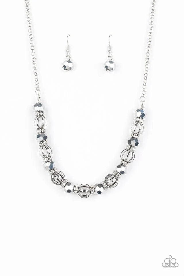 Metro Majestic - Silver Beads/Hematite Rhinestones/White Rhinestone Encrusted Ring Necklace & matching earrings