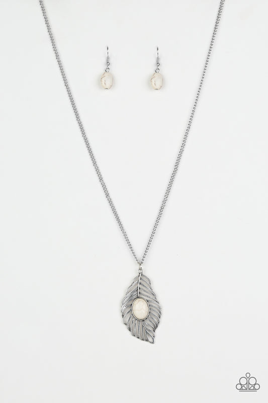 Flight Path - White Stone/Airy Silver Feather Pendant Necklace & matching earrings