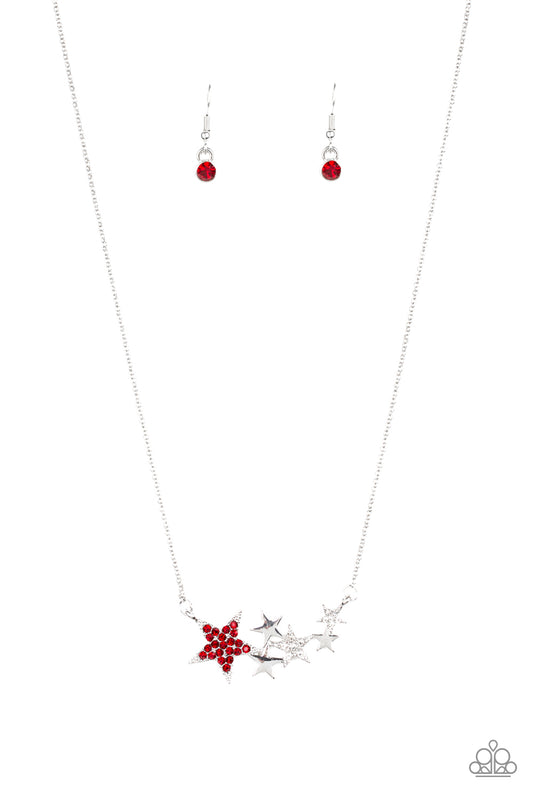 Rising Starlet - Multi Red & White Rhinestone Encrusted Stars Pendant Necklace & matching earrings