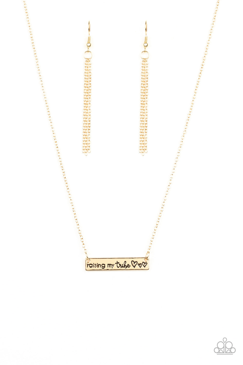 Raising My Tribe - Gold Bar "Raising My Tribe" Stamped Plate Paparazzi Necklace & matching earrings
