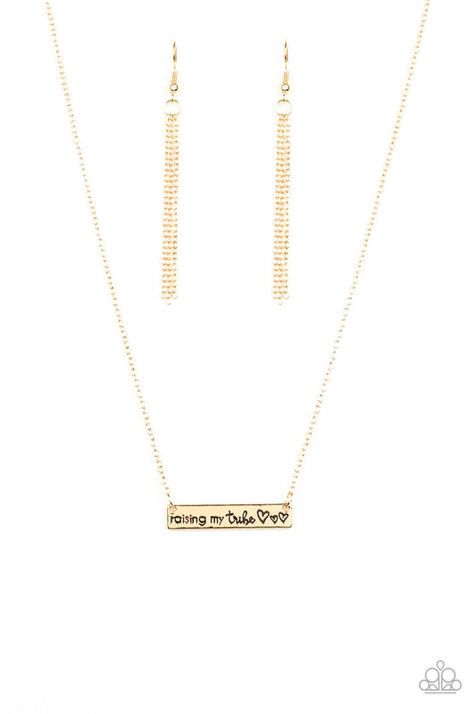 Raising My Tribe - Gold Bar "Raising My Tribe" Stamped Plate Paparazzi Necklace & matching earrings