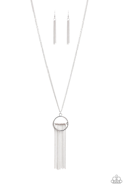 Terra Tassel - Silver Chain Fringe/Gray Beads/Airy Silver Ring Pendant Necklace & matching earrings