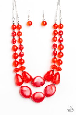 Beach Glam - Red Glassy & Iridescent Bead Layered Necklace & matching earrings
