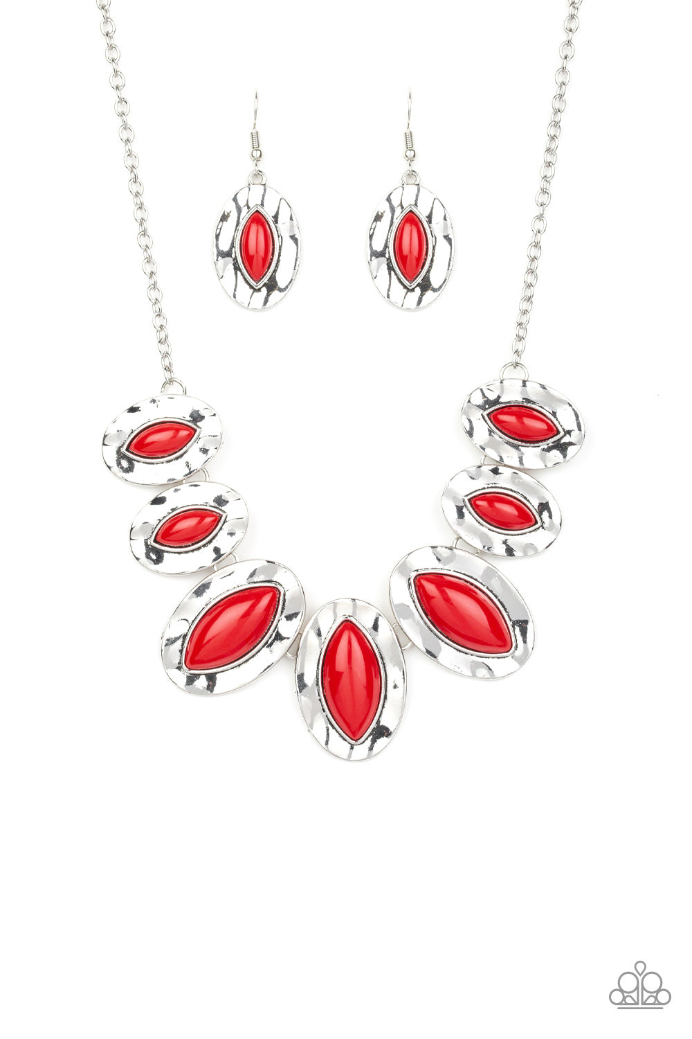Terra Color - Red Beaded Hammered Geometric Frame Necklace & matching earrings