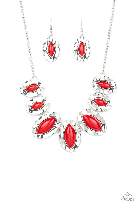 Terra Color - Red Beaded Hammered Geometric Frame Necklace & matching earrings