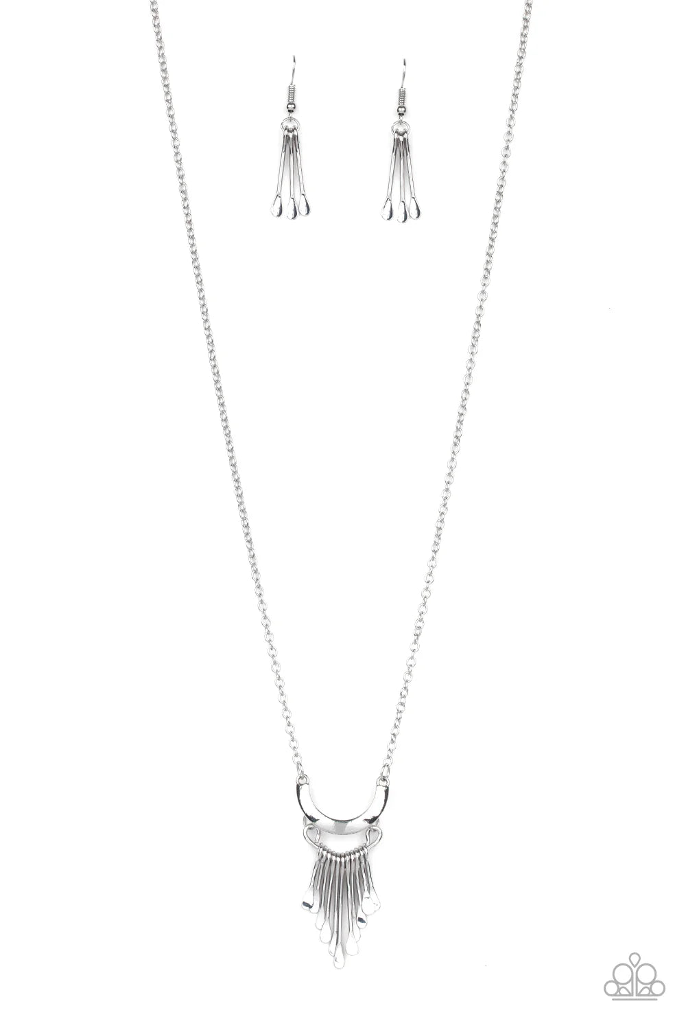 Trendsetting Trinket - Silver Bar Fringe/Half Moon Frame Pendant Necklace & matching earrings