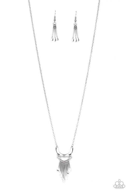 Trendsetting Trinket - Silver Bar Fringe/Half Moon Frame Pendant Necklace & matching earrings