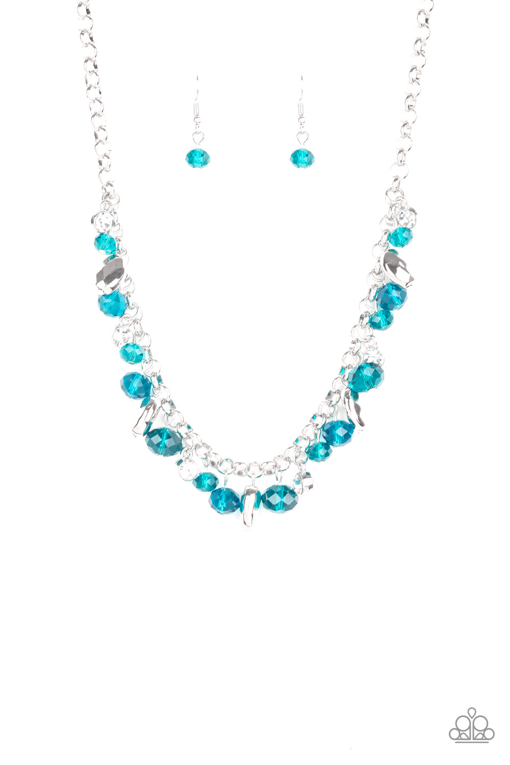 Downstage Dazzle - Blue Crystal-Like Beads, White Rhinestones & Faceted Silver Beaded Necklace & matching earrings