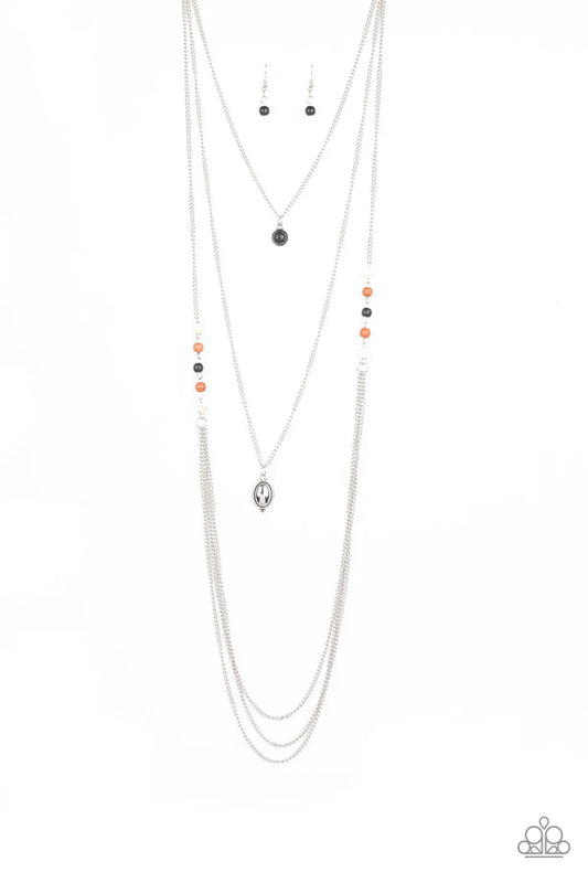 The Pony Express - Multi Stone Beads/Shimmery Silver Chain, Black Stone Pendant Necklace & matching earrings