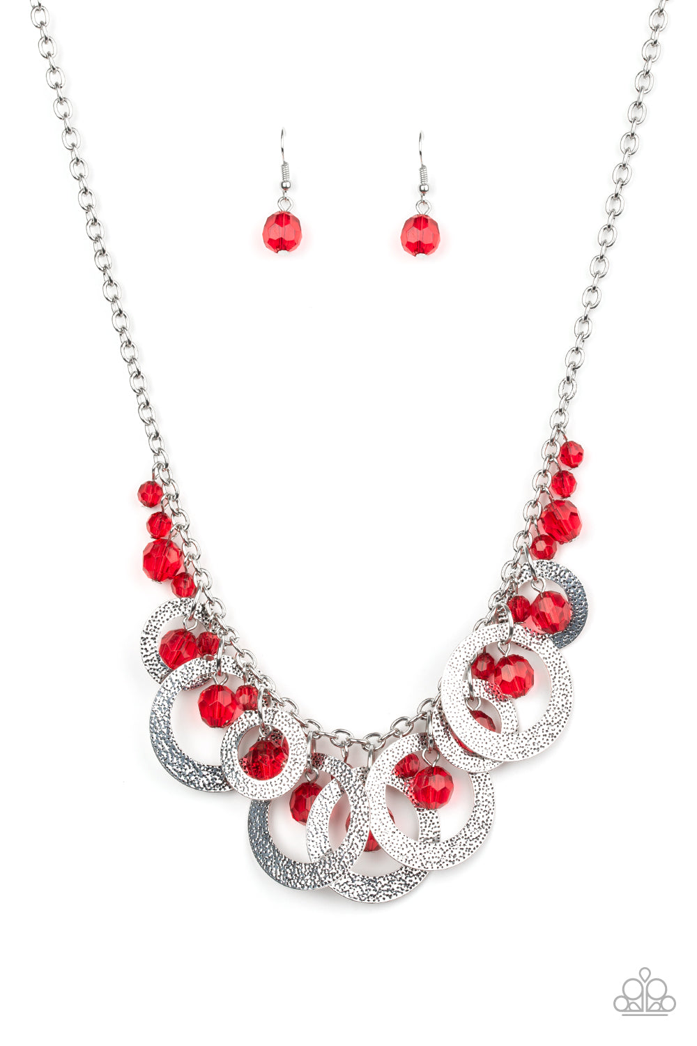 Turn It Up - Red Crystal-Like Beads/Hammered Silver Hoop Necklace & matching earrings