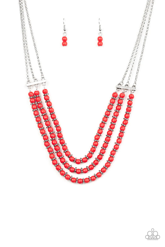 Terra Trails - Red Stone Beads/Textured Silver Accent Earthy Layer Necklace & matching earrings