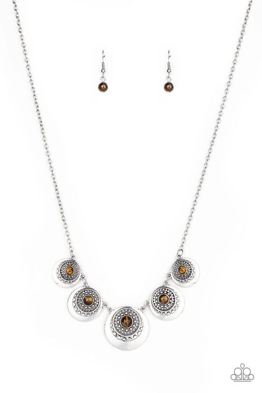 Solar Beam - Brown Tiger's Eye/Silver Sunburst Linked Frame Necklace & matching earrings