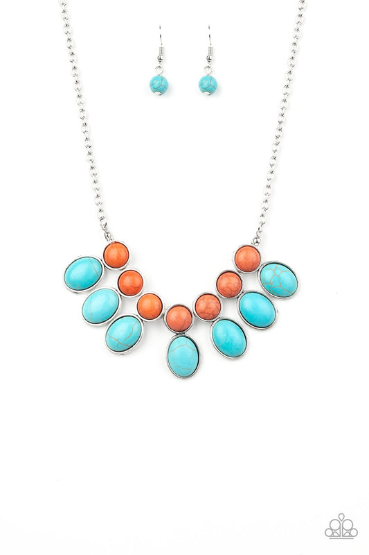 Environmental Impact - Blue/Turquoise & Orange Stone Bead Fringe Necklace & matching earrings