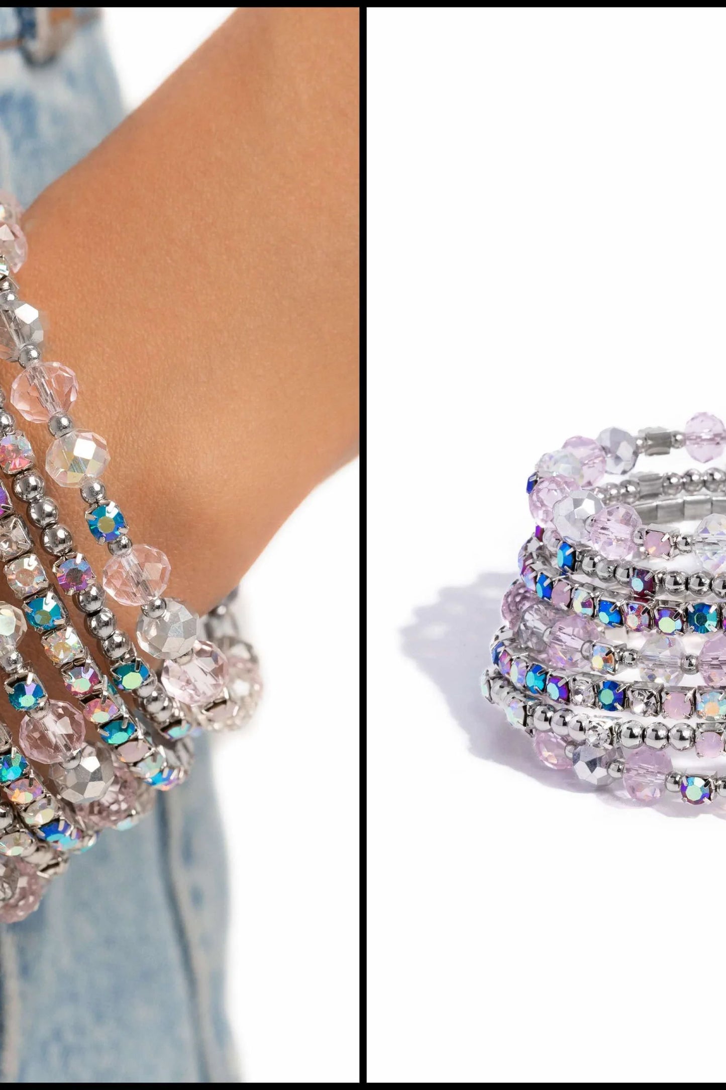Sizzling Stack - Multicolored Rhinestones/Pink & Silver Beaded Paparazzi Coil Bracelet