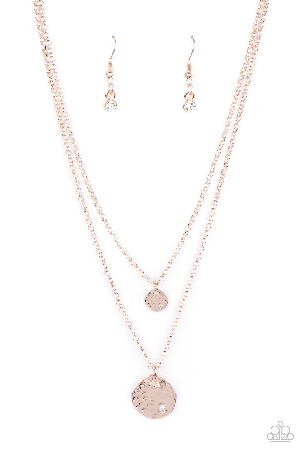 Modern Minimalist - Rose Gold Hammered Discs & White Rhinestone Paparazzi Necklace & matching earrings