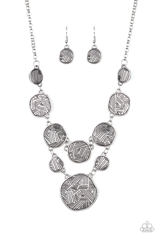 Metallic Patchwork - Silver Asymmetrical Circular Linked Frame Bold Look Necklace & matching earrings