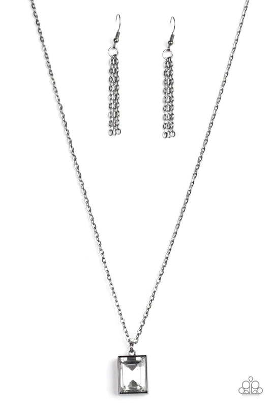 Pro Edge - Gunmetal Frame/Emerald-Style Faceted White Gem Pendant Necklace & matching earrings