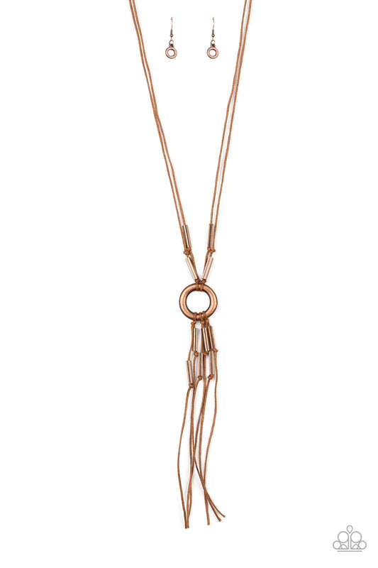 Tasseled Trinket - Copper Beads/Shiny Brown Cording Rustic Tassel Necklace & matching earrings