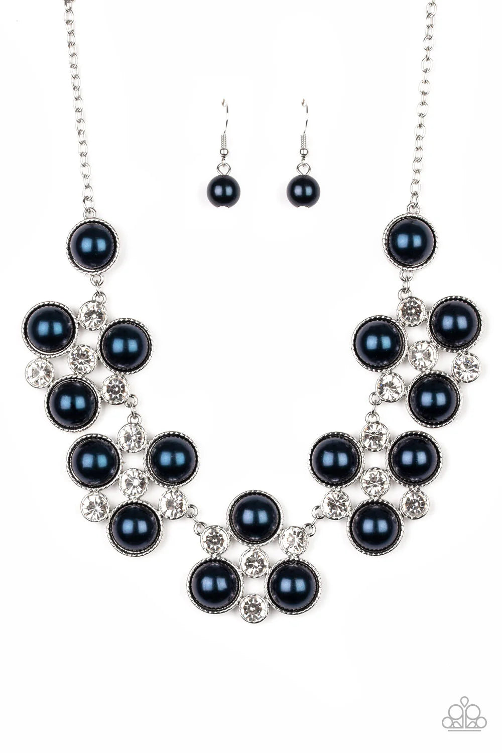 Night at the Symphony - Blue Oversized Pearls & White Rhinestone Cluster Necklace & matching earrings