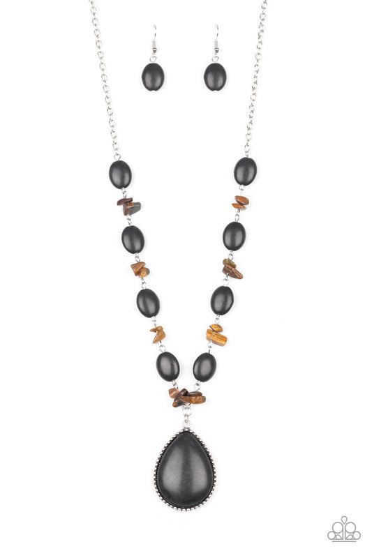 Desert Diva - Black Earthy Stones & Tiger's Eye Rock Chain/Oversized Black Teardrop Stone Pendant Necklace & matching earrings