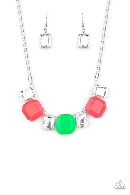 Royal Crest - Pink & Green Neon Bead/Emerald Style White Rhinestone Necklace & matching earrings