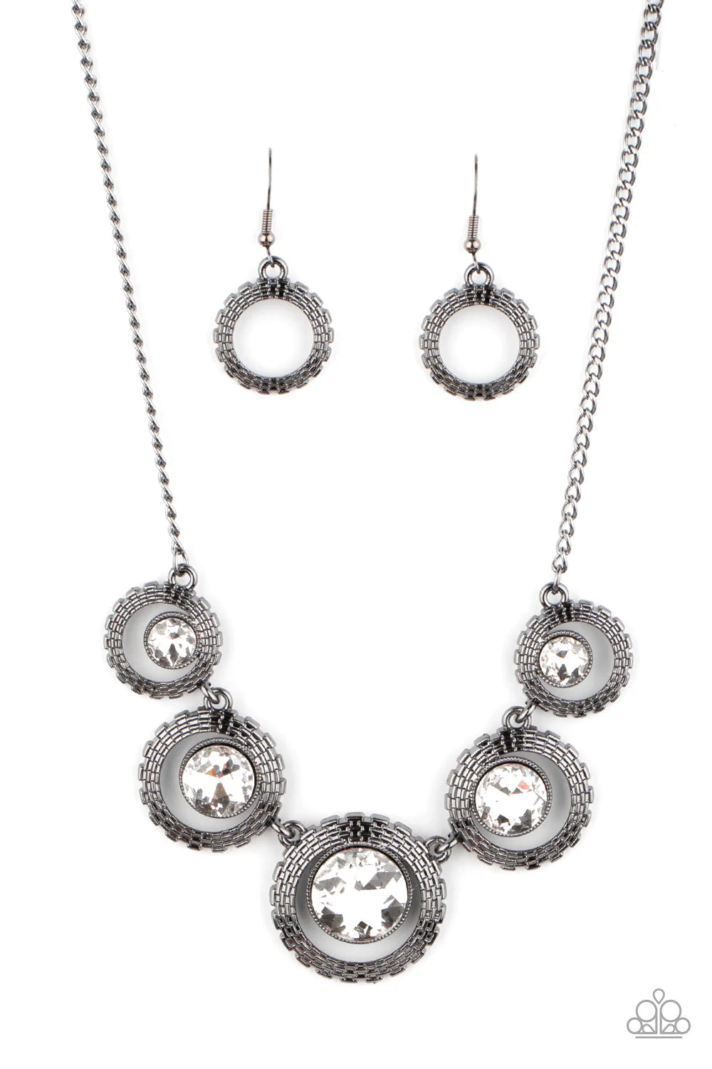 PIXEL Perfect - Gunmetal Box Chain-Like Texture Frames/Asymmetrical White Rhinestone Necklace & matching earrings