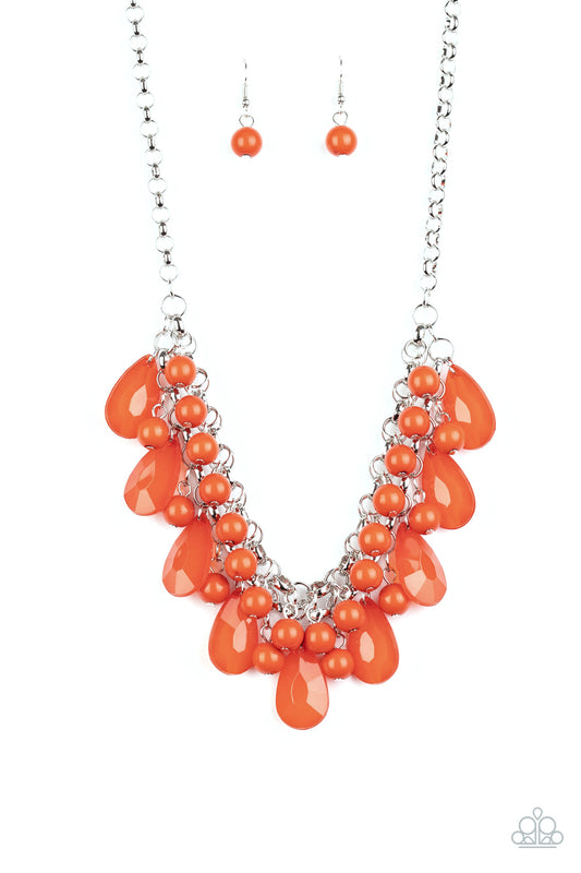 Endless Effervescence - Orange Teardrop Beaded Flirtatious Fringe Necklace & matching earrings