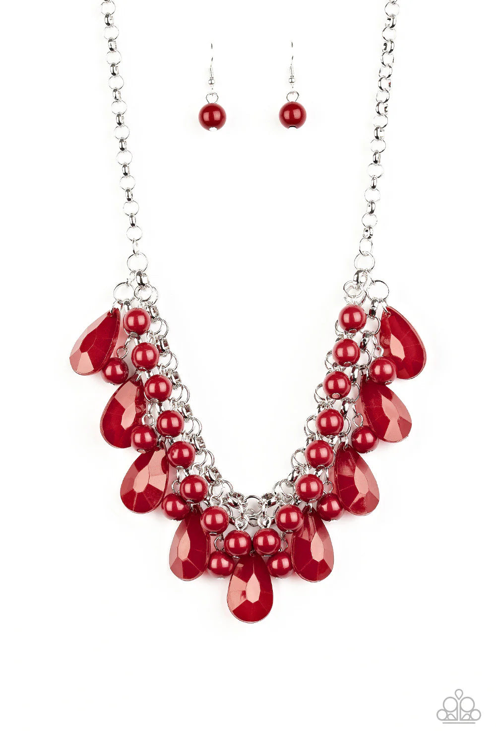 Endless Effervescence - Red Wine Beads & Faceted Teardrop Beaded Fringe Necklace & matching earrings