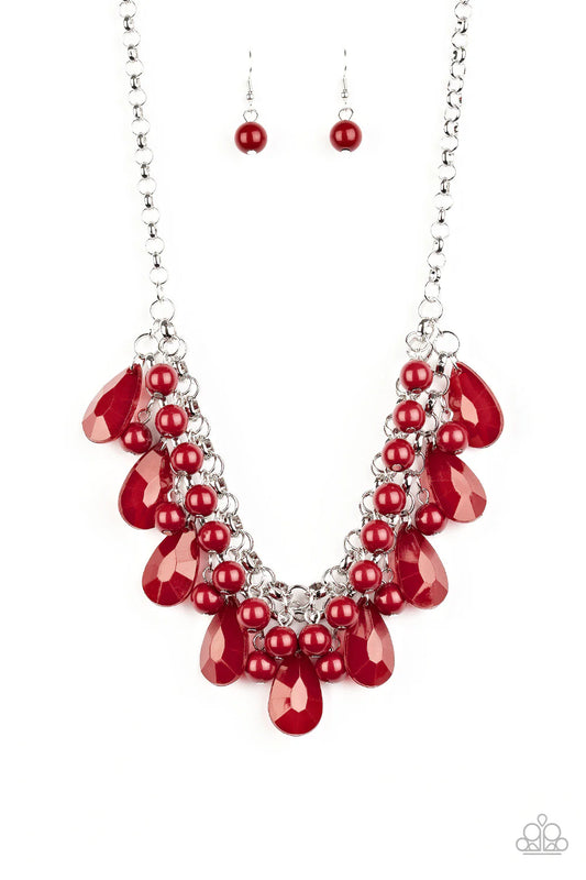 Endless Effervescence - Red Wine Beads & Faceted Teardrop Beaded Fringe Necklace & matching earrings