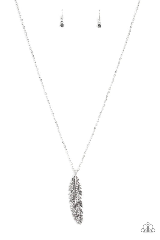 Soaring High - Silver Lifelike Feather Encrusted in Hematite Rhinestones Pendant Necklace & matching earrings