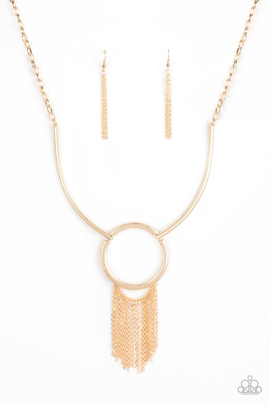Pharaoh Paradise - Gold Bowing Bars, Gold Hoop, & Gold Chain Fringe Paparazzi Necklace & matching earrings