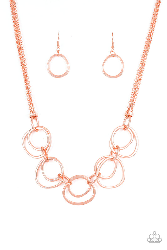 Asymmetrical Adornment - Copper Asymmetrical Linked Rings Paparazzi Necklace & matching earrings