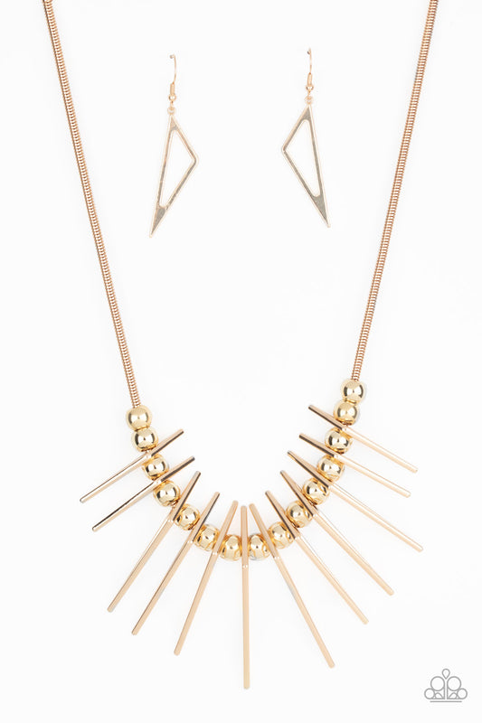 Fully Charged - Gold Triangular Frame Edgy Fringe Paparazzi Necklace & matching earrings