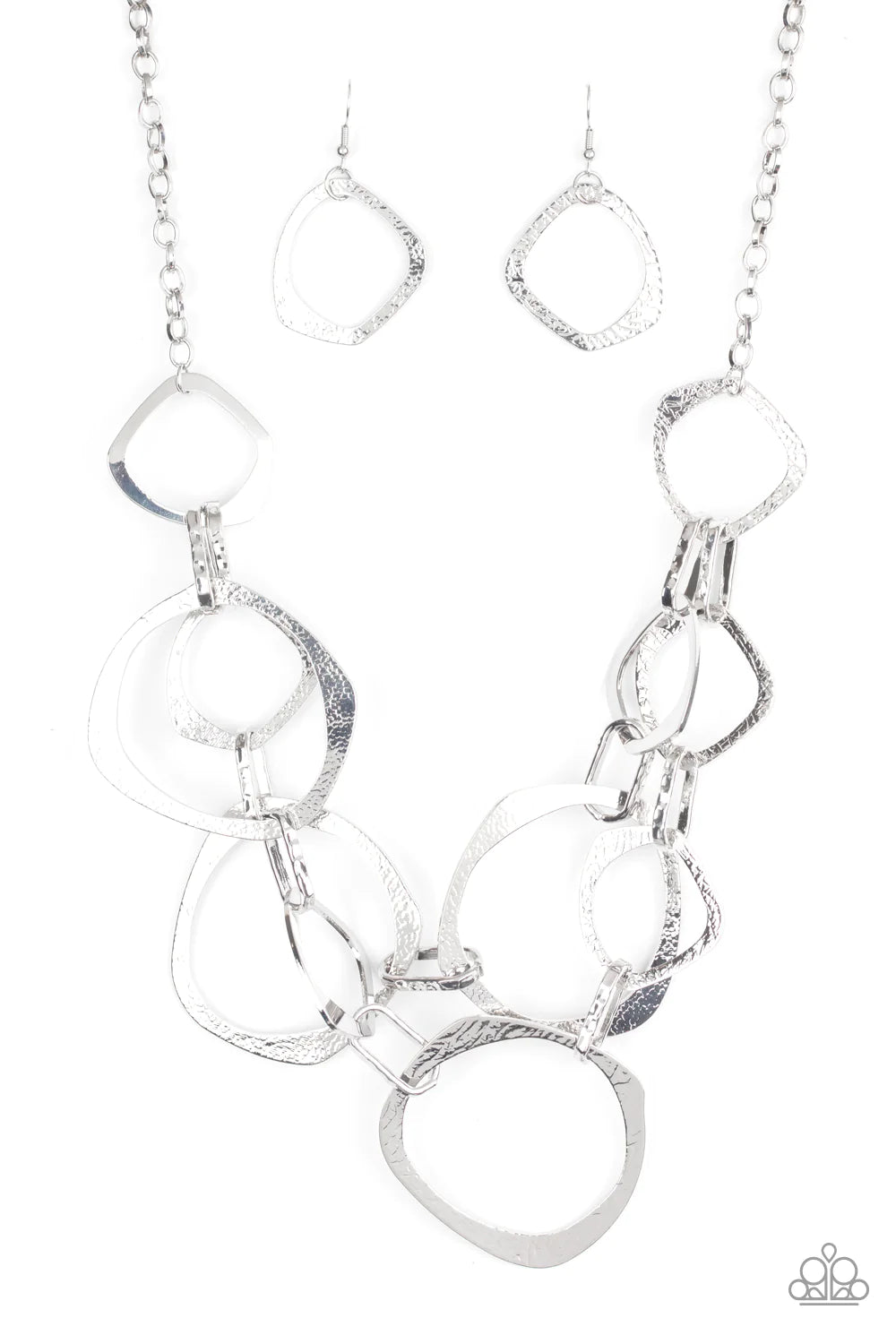 Salvage Yard - Silver Asymmetrical Rings & Chain Link Industrial Look Necklace & matching earrings