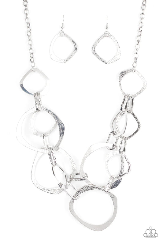 Salvage Yard - Silver Asymmetrical Rings & Chain Link Industrial Look Necklace & matching earrings