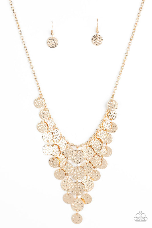 Spotlight Ready - Gold Hammered Disc Edgy Tapered Fringe Paparazzi Necklace & matching earrings