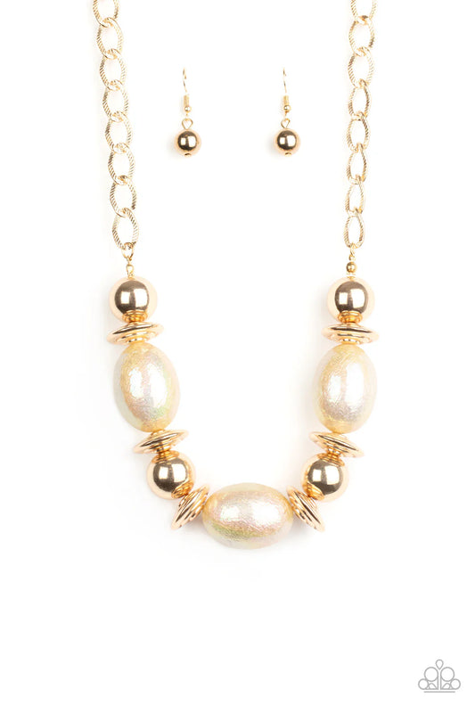 Welcome To The Big Leagues - Gold & Iridescent Oval Shaped Beaded Textured Gold Chain Necklace & matching earrings