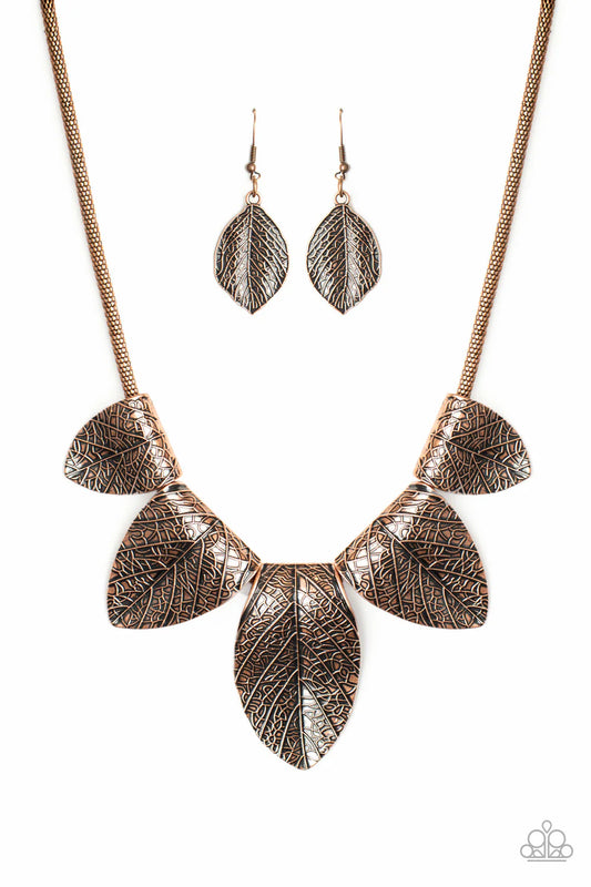 Garden Gatherer - Copper Leaf Pattern Embossed Frame/Copper Box Chain Necklace & matching earrings