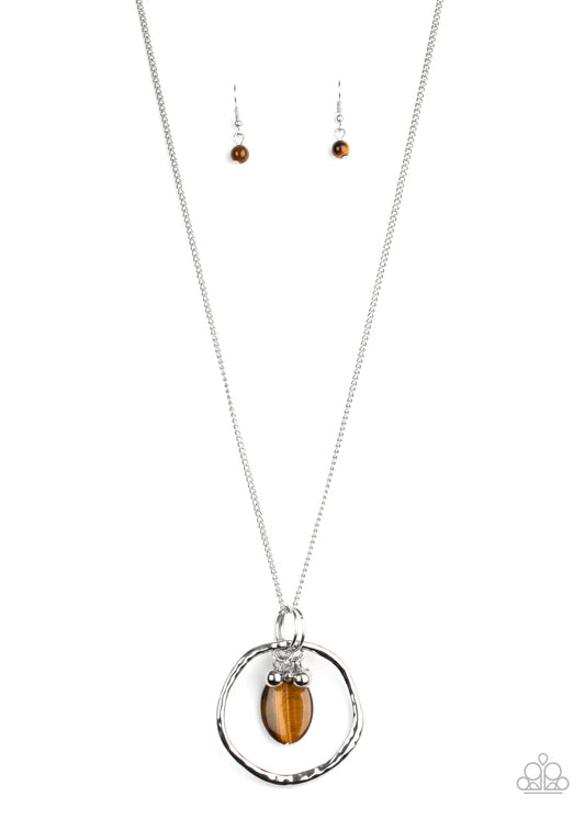 Zion Zen - Brown Tiger's Eye Pendant/Dainty Silver Ring/Asymmetrical Hoop Necklace & matching earrings
