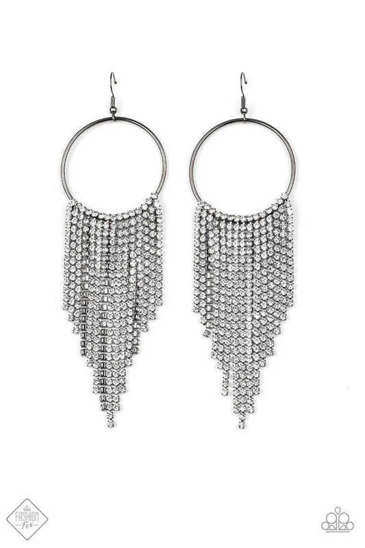 Streamlined Shimmer - Gunmetal & White Rhinestone Fringe Paparazzi Earrings