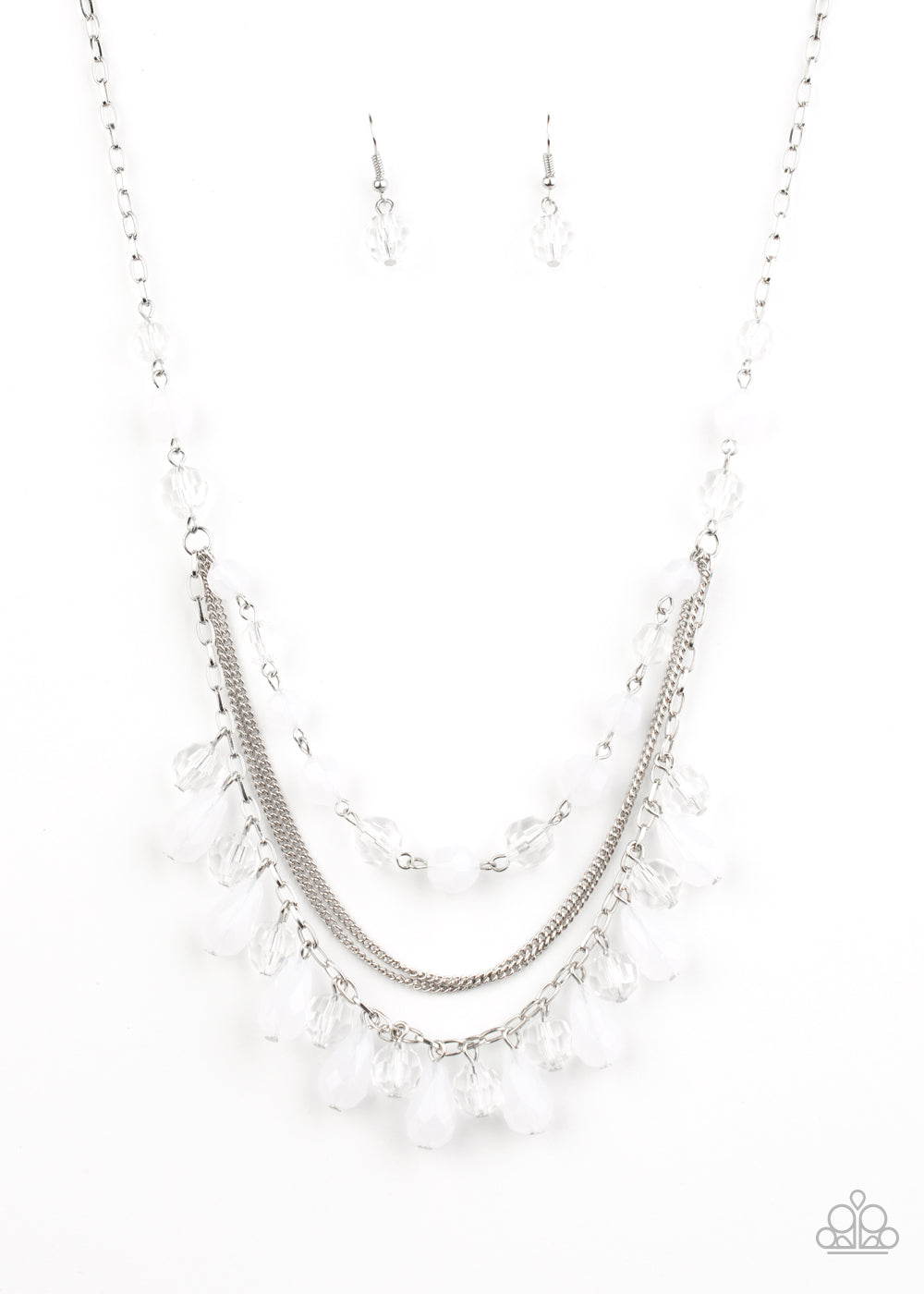 Awe-Inspiring Iridescence - White Cloudy & Glassy Beaded Layered Necklace & matching earrings