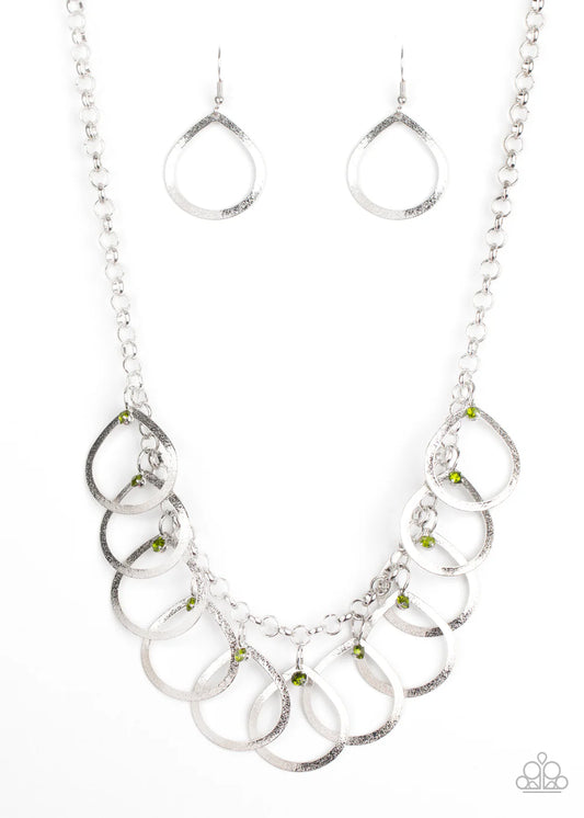 Drop By Drop - Green Dainty Rhinestones/Shiny Silver Teardrop Fringe Necklace & matching earrings