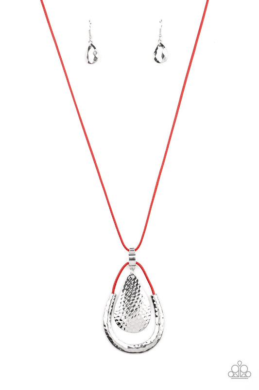 Texture Trekker - Red Cord/Hammered Silver Teardrop Pendant Necklace & matching earrings