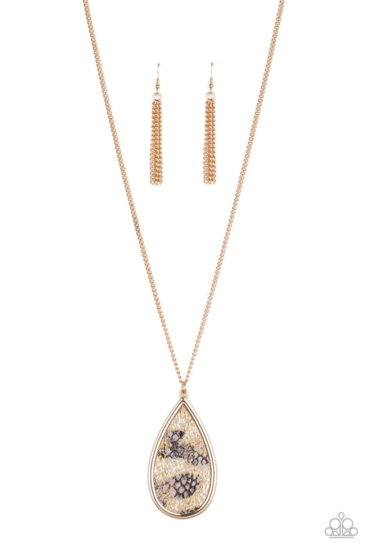 Artificial Animal - Gold Teardrop Frame/Metallic Scale Printed Pendant Necklace & matching earrings