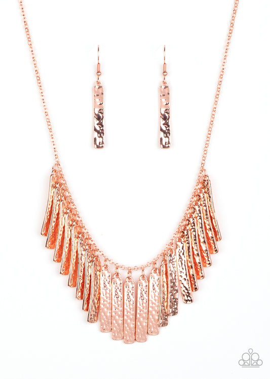 Metallic Muse - Copper Shiny Hammered Rectangular Bar Tapered Fringe Necklace & matching earrings