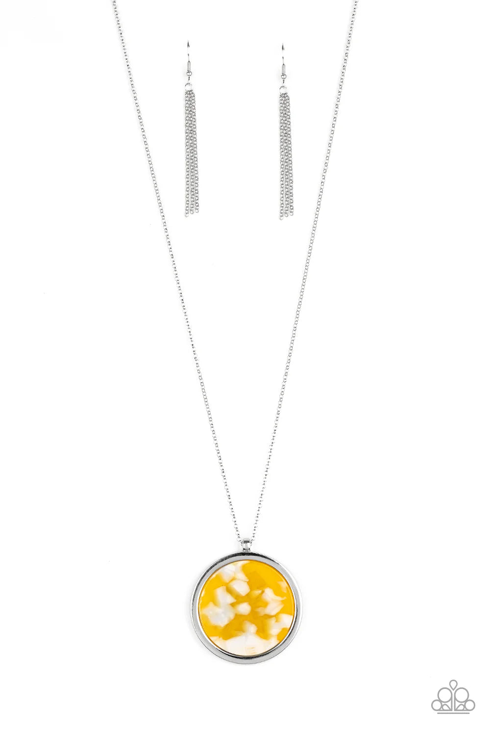 Its POP Secret! - Yellow & White Tortoise Shell Pattern Acrylic/Silver Pendant Necklace & matching earrings