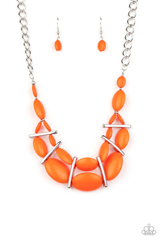 Law of the Jungle - Orange Bead/Silver Fittings Layered Necklace & matching earrings