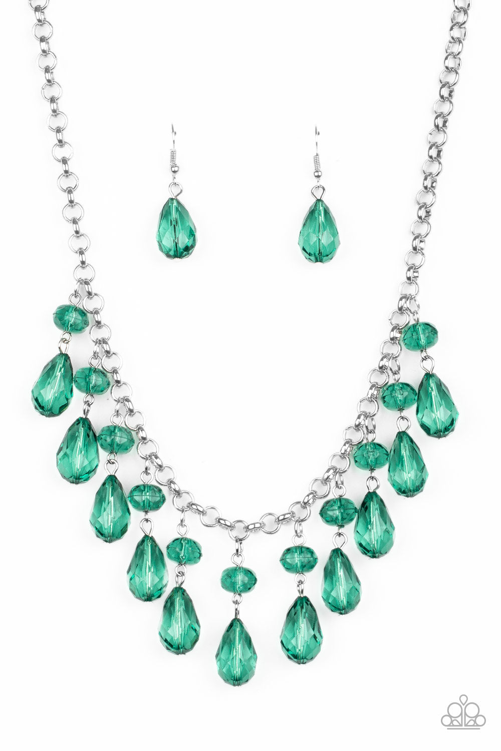 Crystal Enchantment - Green Crystal-Like Beaded Tassel Necklace & matching earrings