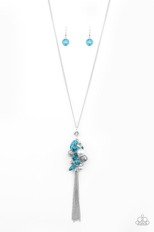 Party Girl Glow - Blue Crystal-Like Beads, White Rhinestones, White Pearls, & Ornate Silver Beaded Cluster Necklace & matching earrings
