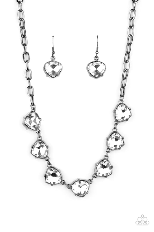 Star Quality Sparkle - Gunmetal Oversized Chain/Faceted White Teardrop Rhinestone Paparazzi Necklace & matching earrings